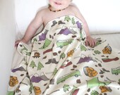 Organic Happy Camper Baby Blanket - Swaddle Blanket Camp and Hiking Themed Blanket Tent Canoe Boots Trees
