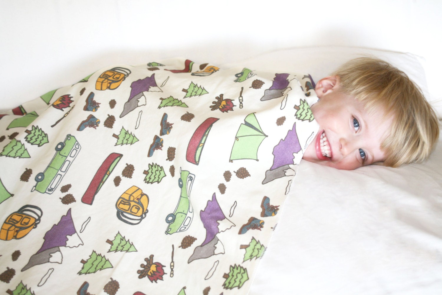 Organic Camping Themed Toddler Blanket - Tents, S'mores, Camper Vans, Canoe, Boots, Backpack Camper Blanket