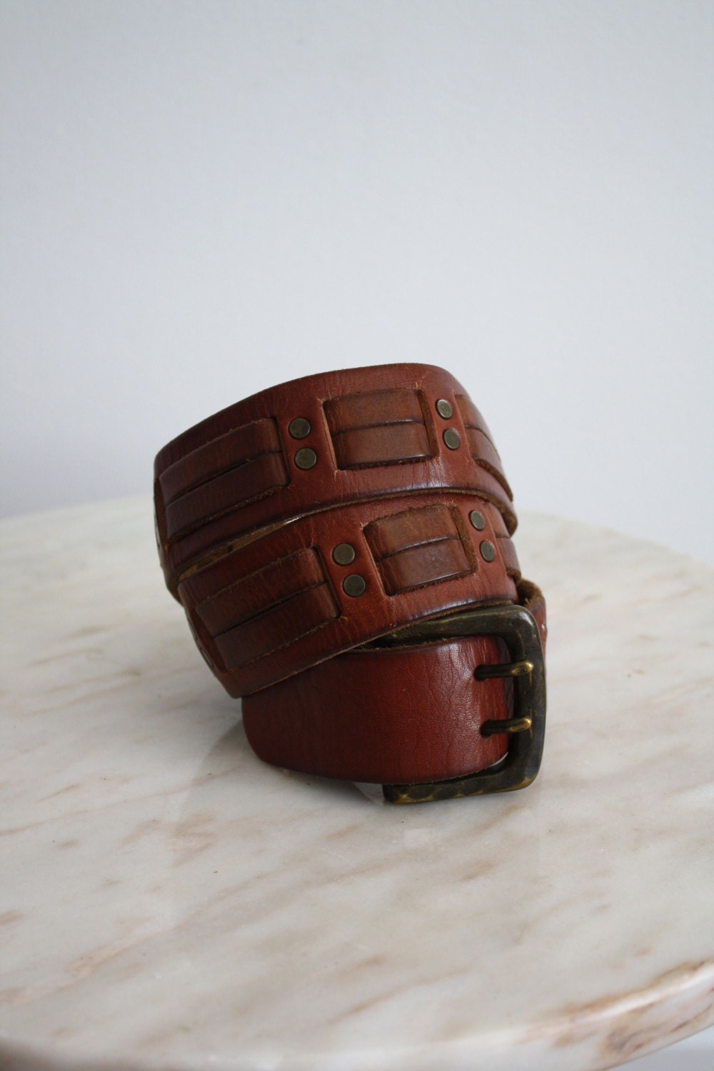 Leather Belt Studded Brass - Women's XS S M Waist or Hip - 1970s VINTAGE