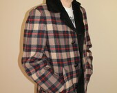SALE Vintage Pendleton Navy & Red Plaid Wool Faux Fur Collar Coat