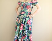 80s / 90s Bold Floral Off the Shoulder Sweetheart Corset Summer Dress