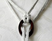 Knitted fiber jewelry necklace belt with ebony wood rings, grey fiber multifunctional necklace, silver grey knitted jewelry