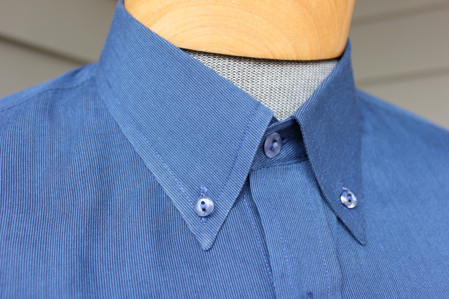 newer vintage Men's long sleeve - button down collar shirt. Dark Blue micro stripe. Bangkok made. Large