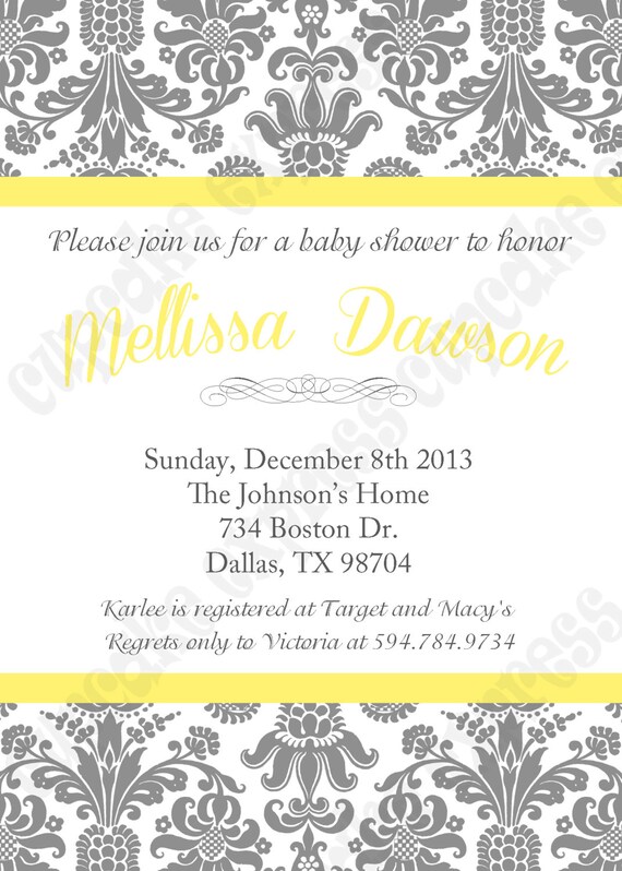 DIY Baby Shower PRINTABLE damask grey yellow Invitation 5x7 Il_570xn