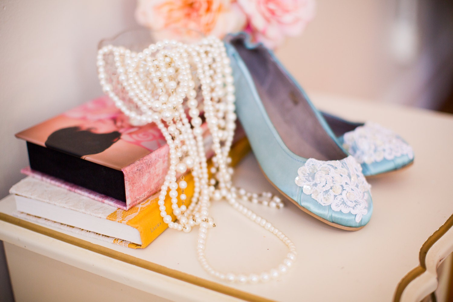 SALE Something Blue lace wedding shoes ballet flats with French crystal sequins and pearls