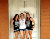 9 pack - Bachelorette party tank tops  - "Here Comes Trouble" black or white and metallic silver - diamond ring