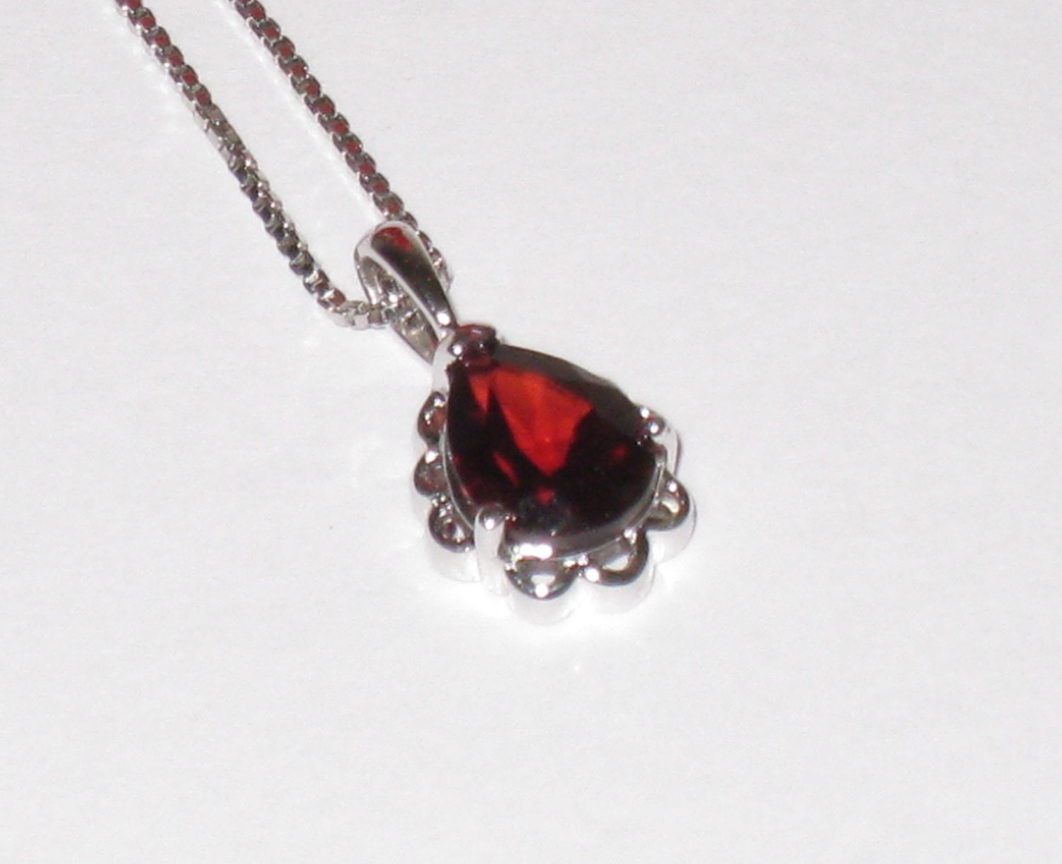 Dainty Sterling 18" Chain & Pendant w/ Deep Red Teardrop Glass Stone / Gift For Her / Free US Shipping