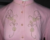 nos Vintage VIXEN pin up 50s Beaded Sweater Cotton Candy Pink pearls virgin Orlon
