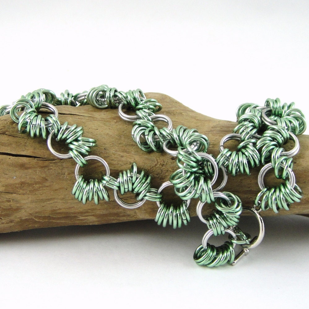 Chainmail Necklace Seafoam Green and Bright Aluminum Coiled Weave