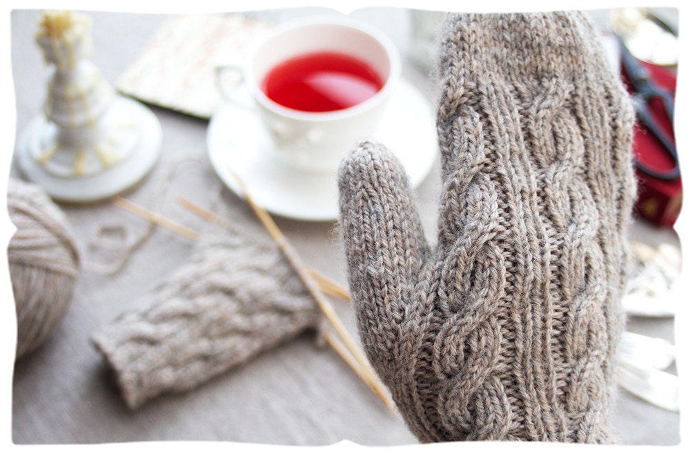learn to knit long cabled mittens, a movie tutorial kit in heather grey. knitting traditions, old school. (see the video)