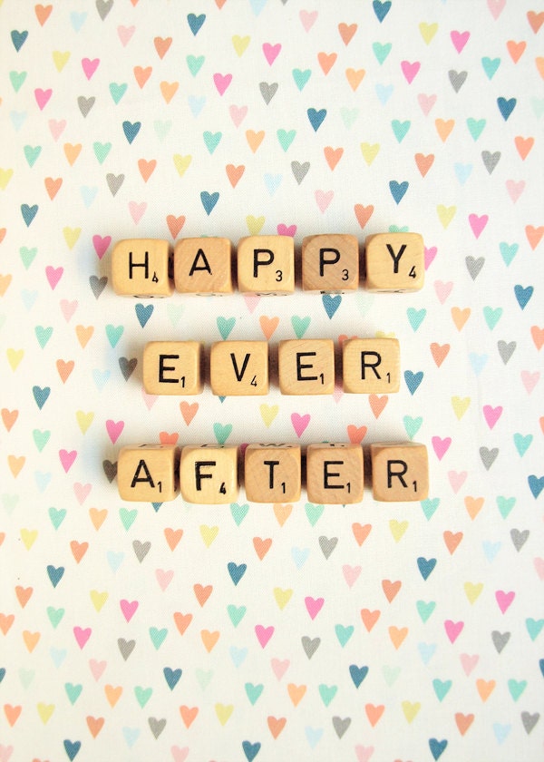 Happy Every After. Fine Art Photography. Scrabble Blocks. Romantic Love. Rainbow Hearts. Size 5x7"