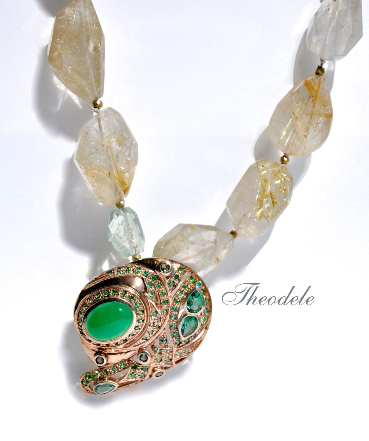 Rose Gold Tourmaline & Golden Rutilated Quartz knotted Necklace
