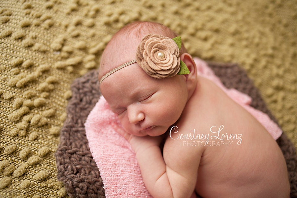 Taupe Wool Felt Rose Headband - Newborn Baby Photoprop - Infant - Toddler - Adult