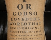 Eye chart design John 3:16   Burlap 12 x 16 Pillow House warming, hostess gift , shabby chic decor