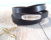 Three Wrap Leather Band Bracelet with Silver Arrow