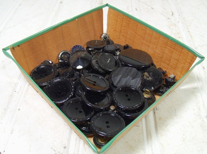 Vintage Variety of Onyx Black Buttons Collection - Buttons for Repurposing Upscaling Upcycling - Berry Basket of Supplies - 69 Buttons