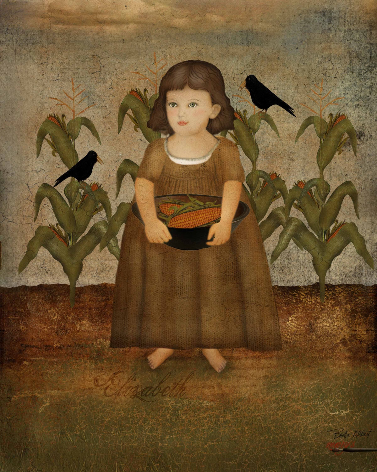 Elizabeth in the Cornfield, Original digital art,  Folk Art, Download 8x10