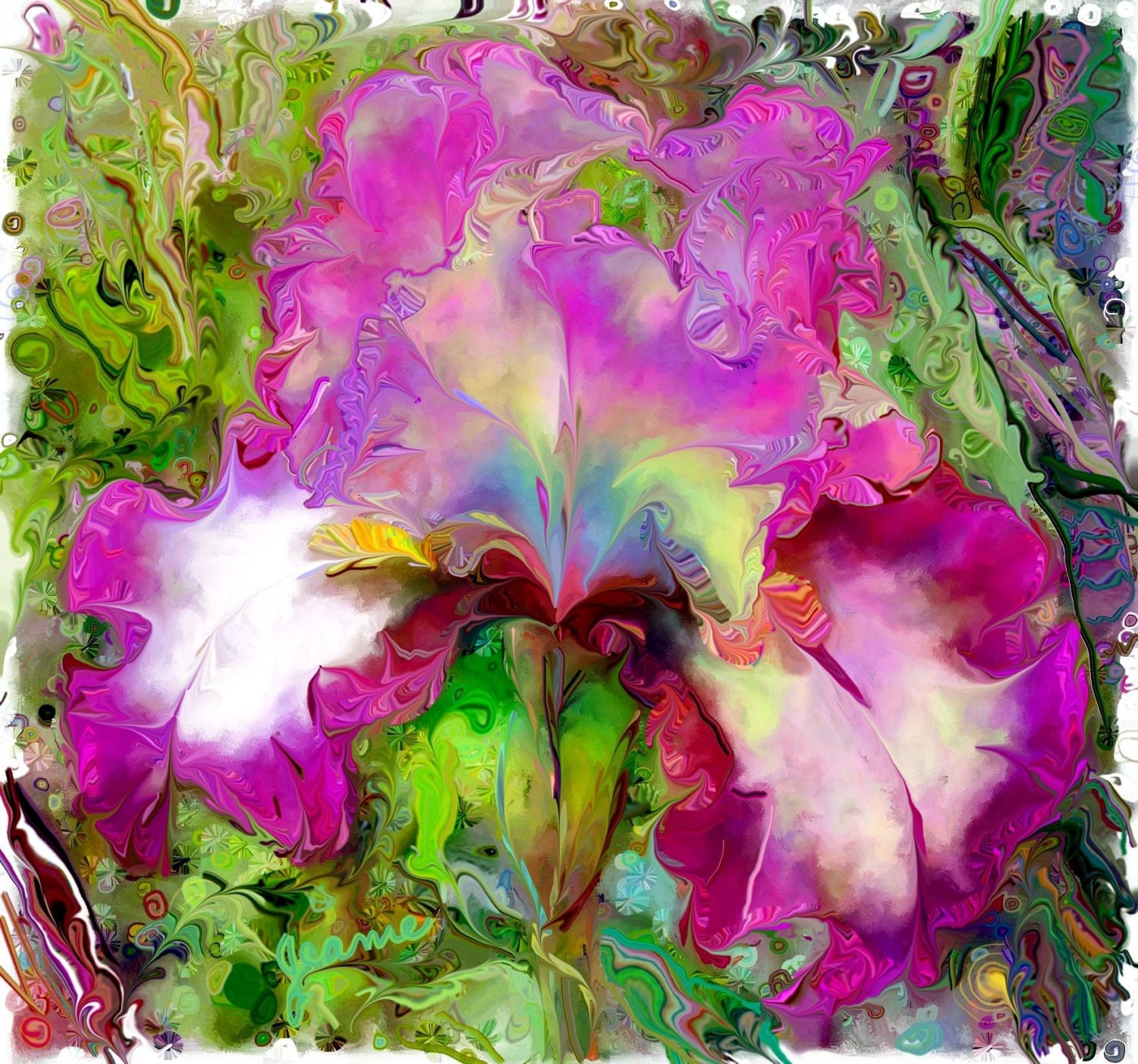 Fun, happy, color. An iris dancing in a costume of white, purple and violet in the green garden.