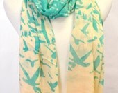 Let's Fly Away Bird Print Lightweight Fashion Scarf Shawl Wrap Black MINT Green Women's Accessory