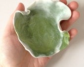 Lichen green and white marbled sculpted polymer clay decorative round kidney bean bowl, earthy home decor