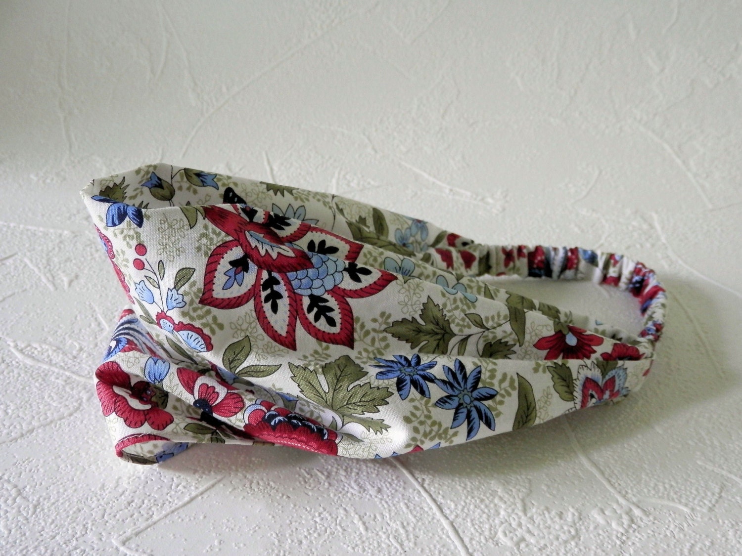 Floral Headband Jacobean Flowers Red, Sage Green, Blue on Ivory Hair Fashion Handmade by Thimbledoodle