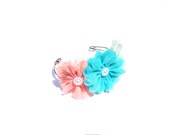 Fabric Flower Cuff Bracelet - Seafoam, Teal, and Peach - Filigree Cuff - Bridesmaid's Gift, Spring Bracelet