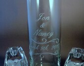 Unity SET, Wedding Unity Candle Vase Set - Personalized Etched Glass Candle Vase w/ Floating Candle and Two Tapered Candle Holders