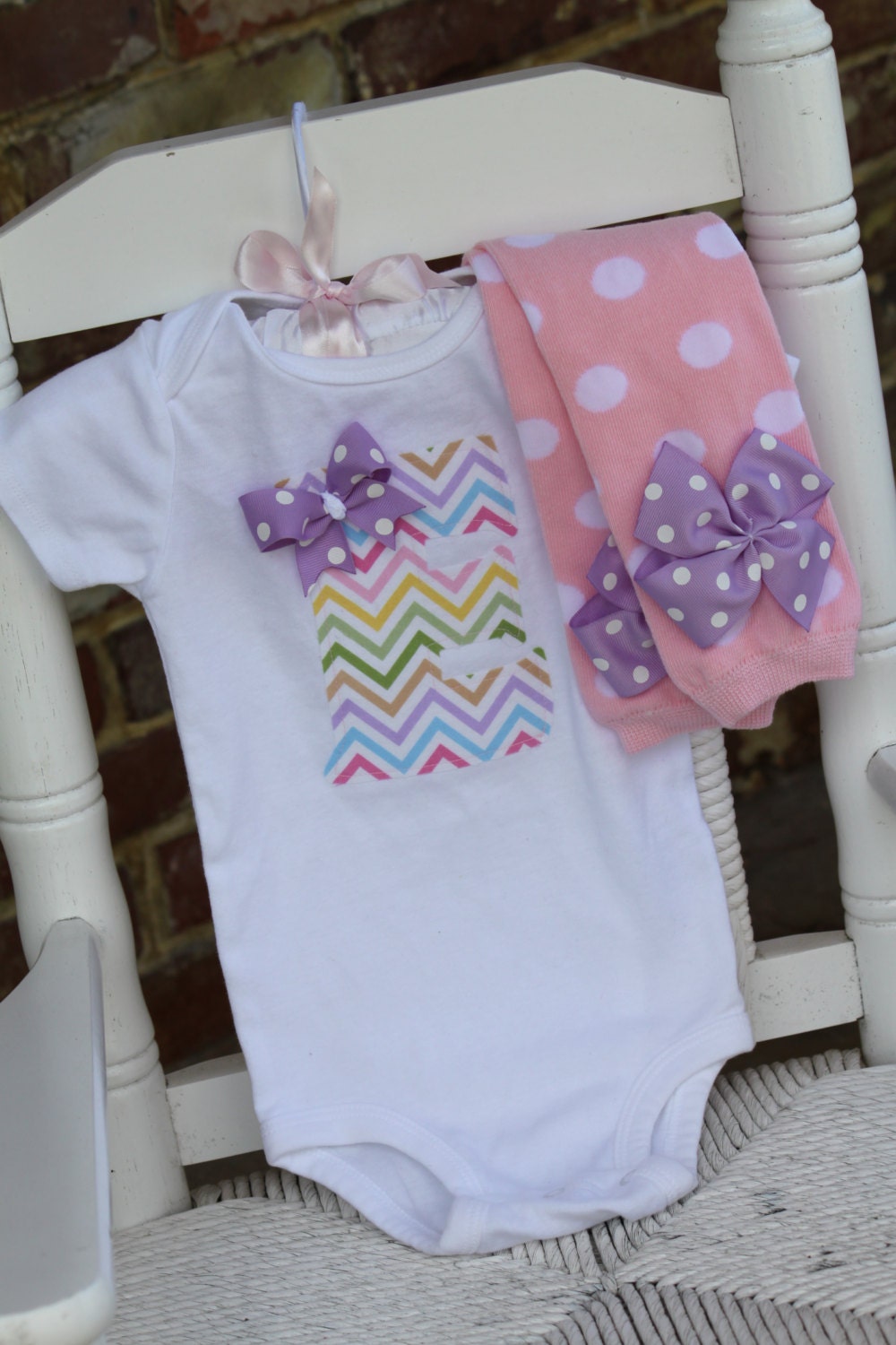 Baby Girl Outfit -- Leg warmers and Initial Onesie -- pretty pastel chevron initial with pink polka dot leg warmers