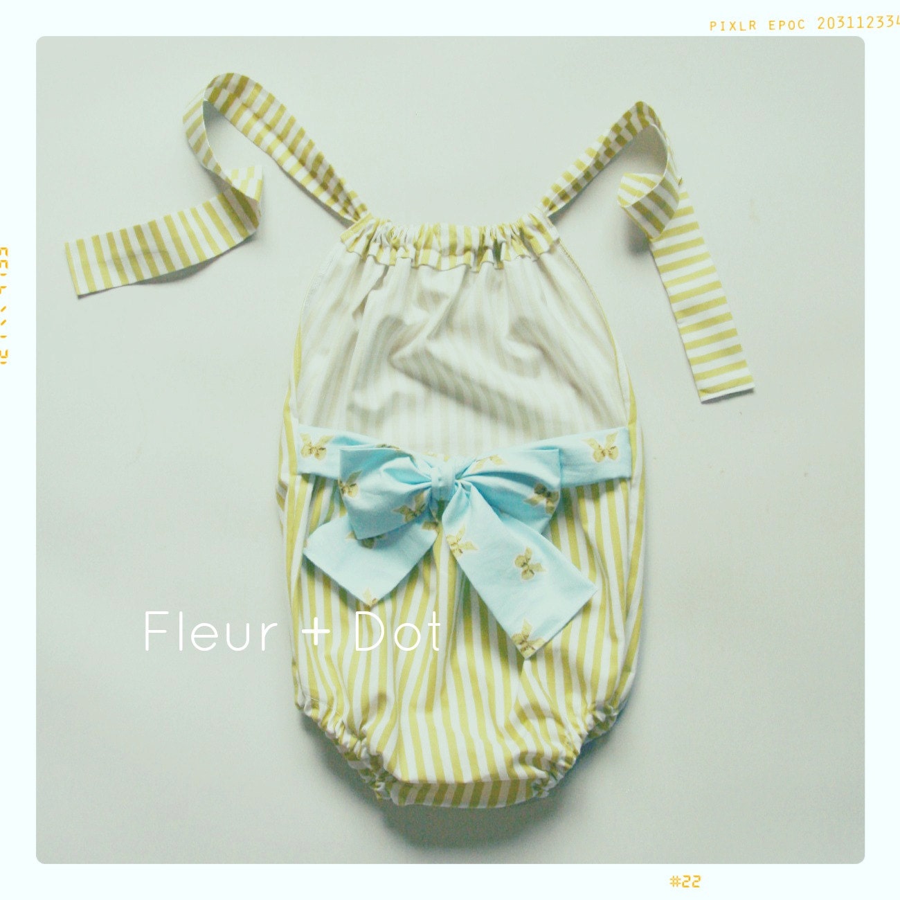 Girls Halter Romper: Lemon Lime Bow Romper Spring Summer Collection by Fleur and Dot