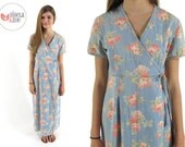 90s Floral Chambray Wrap Dress / Chambray Maxi Dress  / Printed Chambray Dress / sm / md