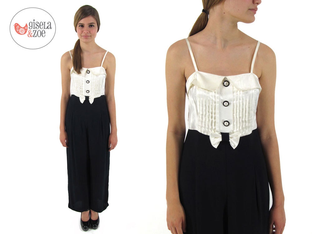 80s Palazzo Pantsuit / Vintage 80s Tuxedo Jumper / Black & White / medium / large