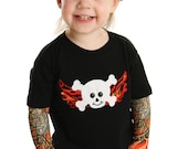 Tattoo Sleeve T shirt with Pirate Skull Flame Wings applique
