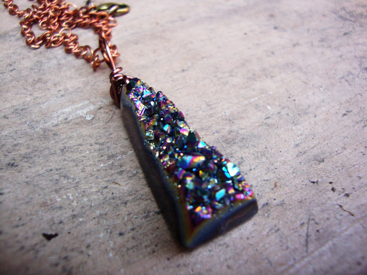 RESERVED FOR GEORGIA Rainbow titanium druzy cluster necklace on thick raw copper chain
