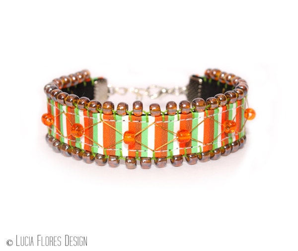 Bohemian Hippie friendship bracelet beaded embroidered with brown Preciosa glass beads Boho chic by LuciaFloresDesign