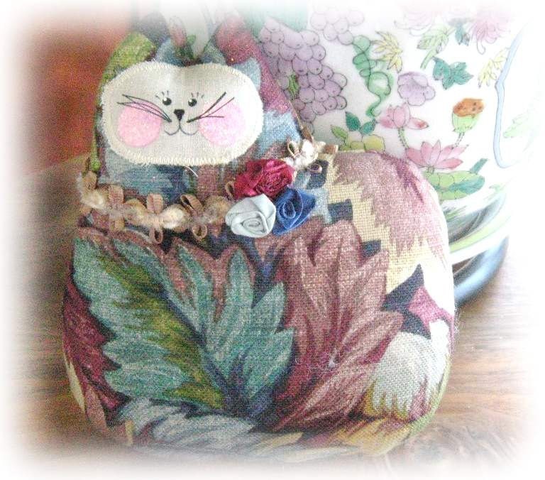 Cat Pillow Doll, Cloth Doll 7 inch Leaves Decorator Fabric, Primitive Soft Sculpture Handmade CharlotteStyle Decorative Folk Art