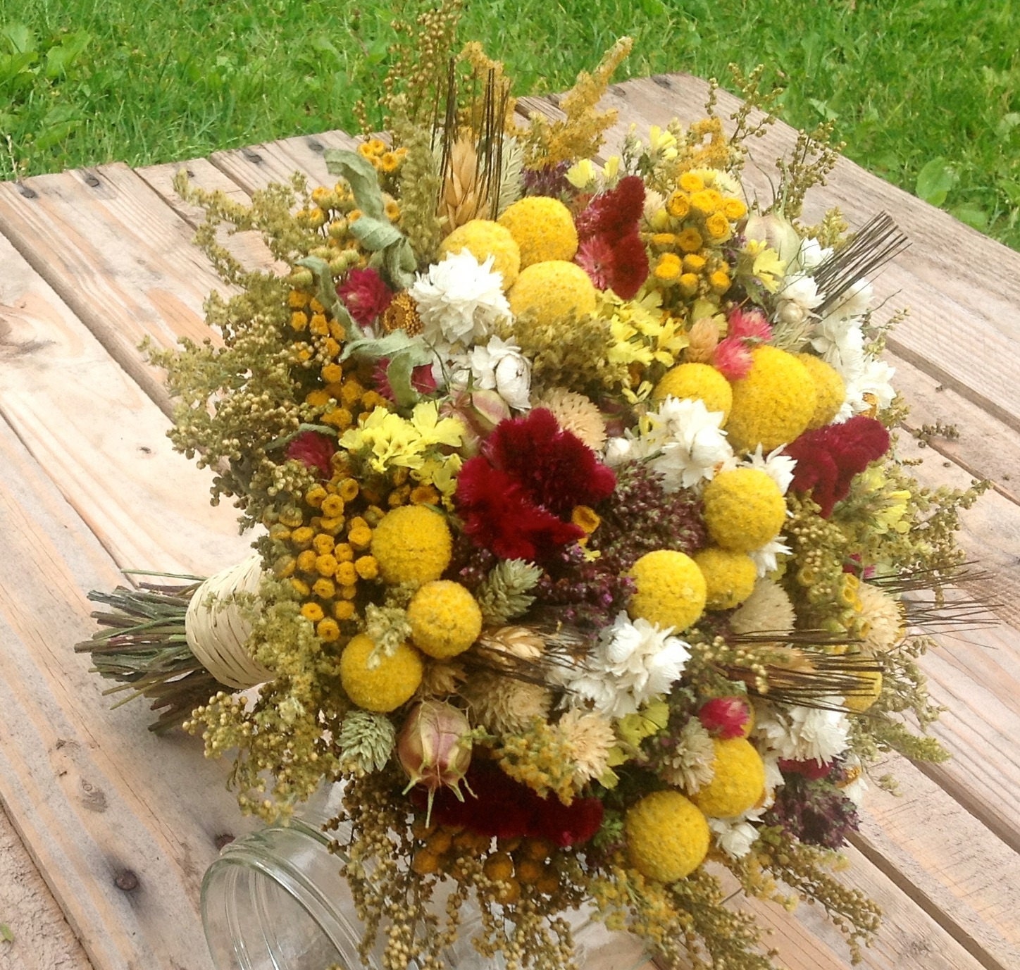 Sun and Gold Collection Bridesmaid Bouquet - Toss Bouquets, Spring Wedding, Golden Yellow White Burgundy, Billy Buttons, Dried Flowers