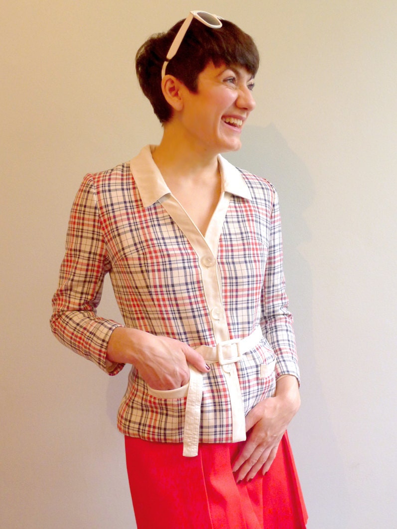60s white red navy nautical tartan plaid belted blazer XS