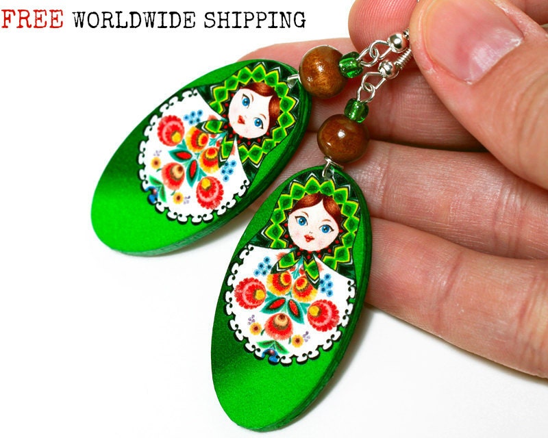 Matryoshka Russian doll Earrings, With polish folk motif, Long oval dangle, Fresh green, gift for her under 25