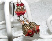 Lucite flower earrings. Art Nouveau. Art Deco. Mango and Vintage Red Floral Dangle Victorian Flower Earrings