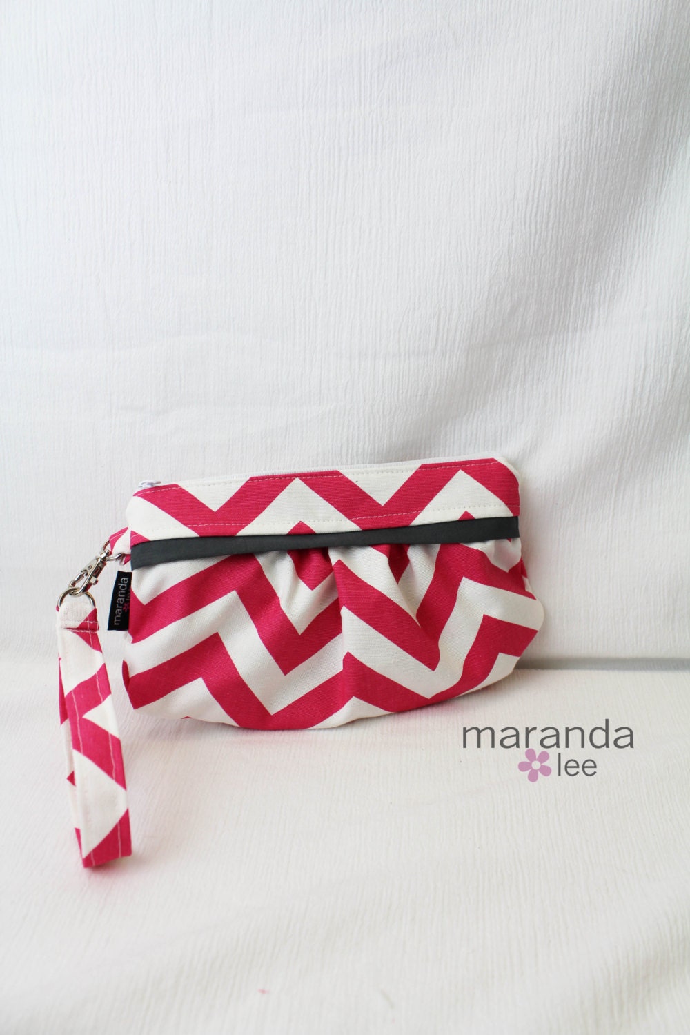 Zippered Clutch - Wristlet Pink Chevron with Gray Accent Medium Clutch with detachable strap - Custom -  Bridesmaid Gift