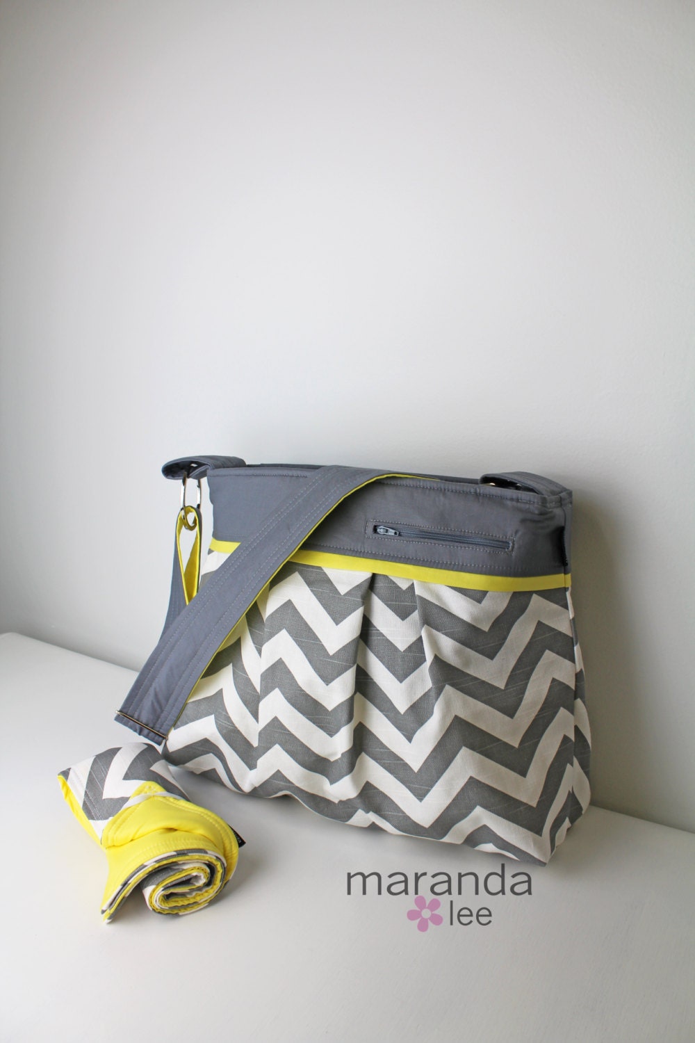 Stella DELUXE Chevron Diaper Bag Set Large with Changing Pad  in Grey Chevron with Gray Accented with Yellow-