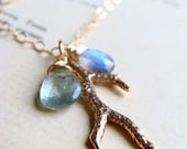 Coral Branch Necklace Labradorite Necklace Moss Aquamarine Beach Jewelry Gemstone Gold Tone Bronze Pendant Light Teal Green 14k Gold Filled