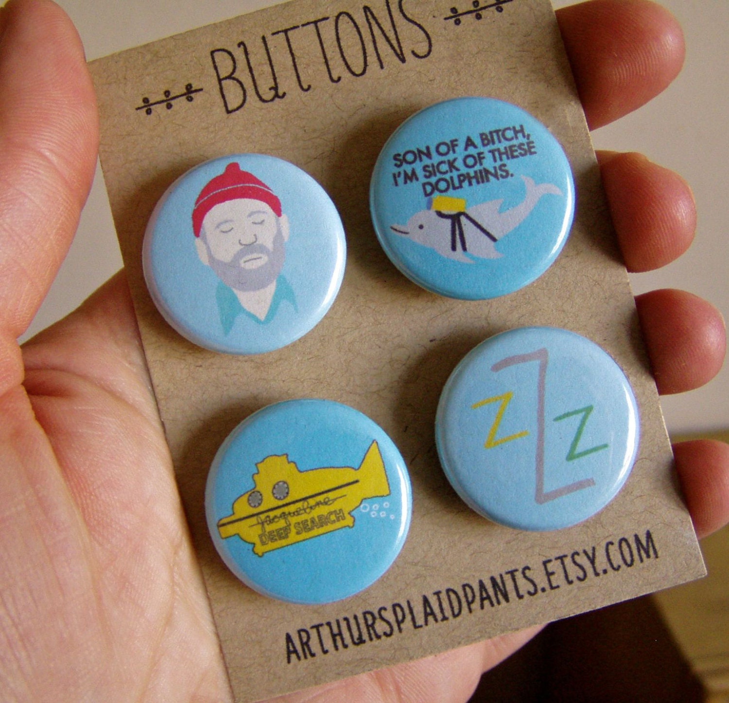Life aquatic, steve zissou, team zissou, bill murray pinback button set
