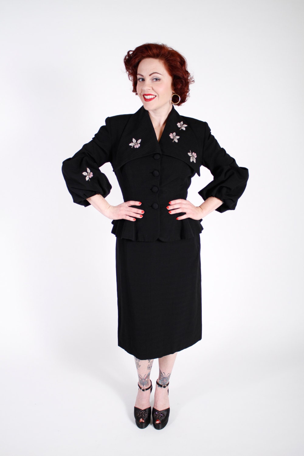 1940s Vintage Suit...Designer Couture Lilli Ann 40s Fit and Flare Suit with Dramatic Wide Puffed Cuffs and Beading Size Small