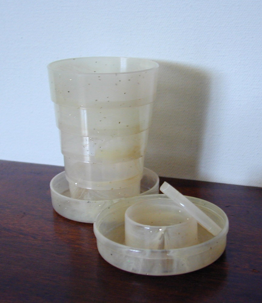 Vintage Collapsible Celluloid Pocket Cup w Lid Pill Box -  Mid Century - At KonniesPlace