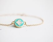 Turquoise Clover Bracelet - round turquoise charm with ivory clover on 14k gold filled chain
