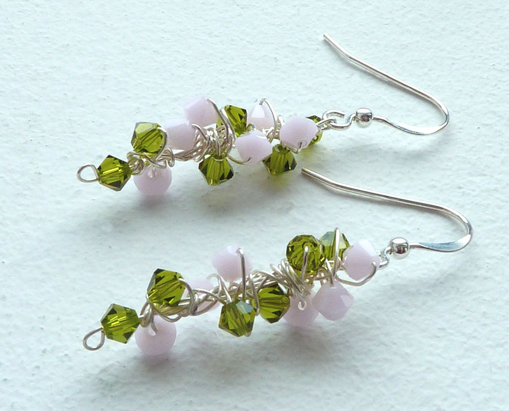 Pink Green Earrings Sterling Silver