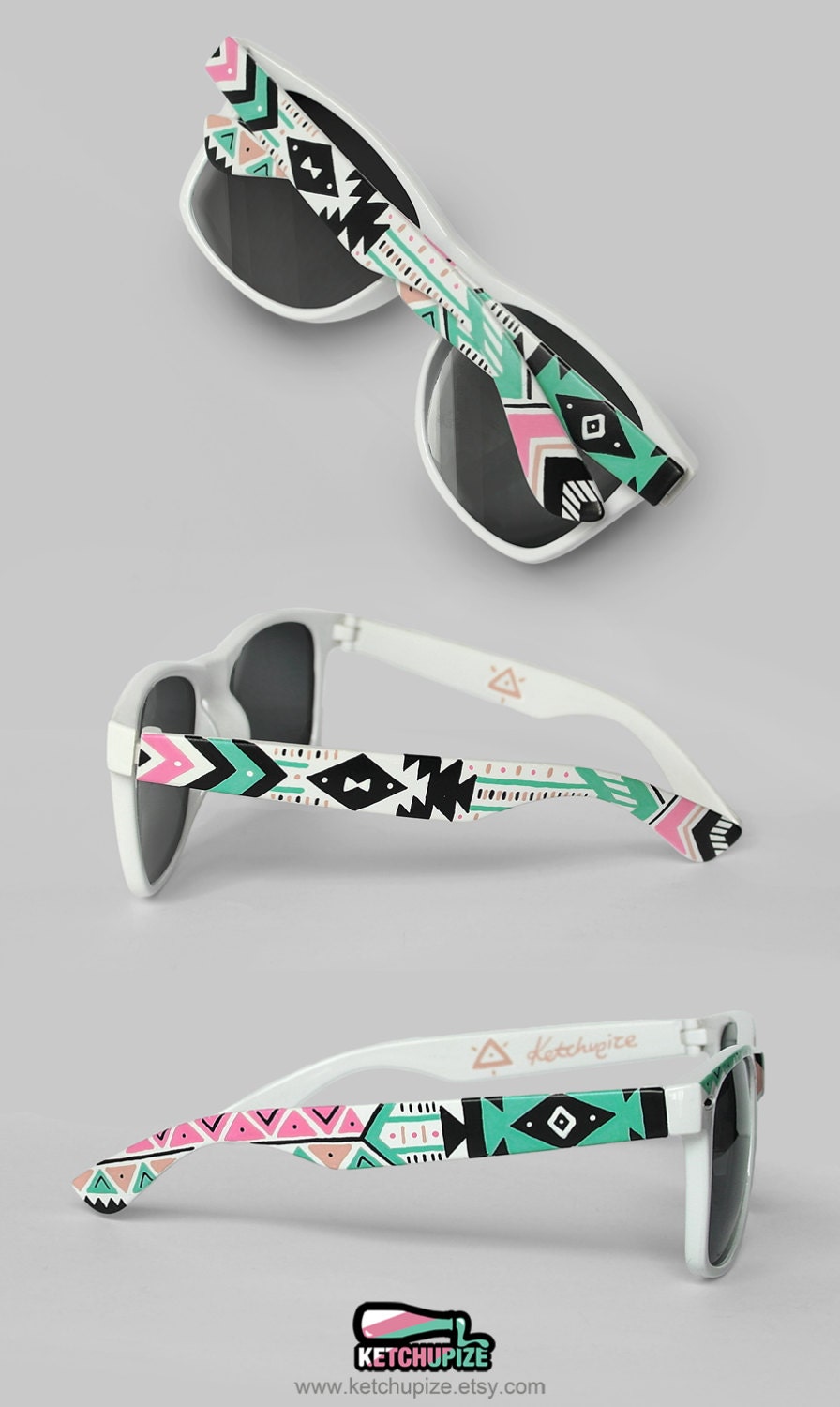 Sunglasses - Aztec print Tribal trend fashion sunglasses unique hand painted - pastel pink mint natural black