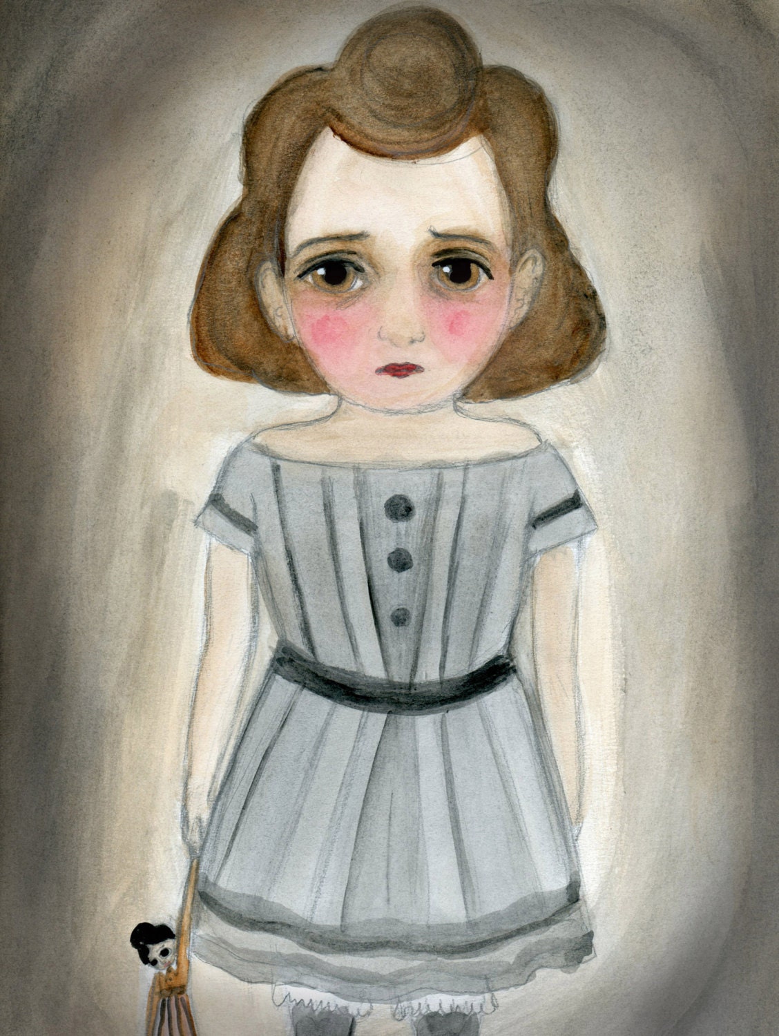 Gertie - Hand Painted Victorian Girl Watercolor Portrait Art Print, (6x8)