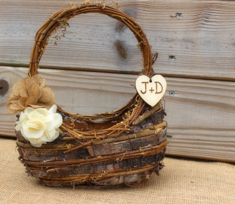 Flower Girl Basket Birch Bark Rustic Woodland Wedding Burlap Flowers Personalized